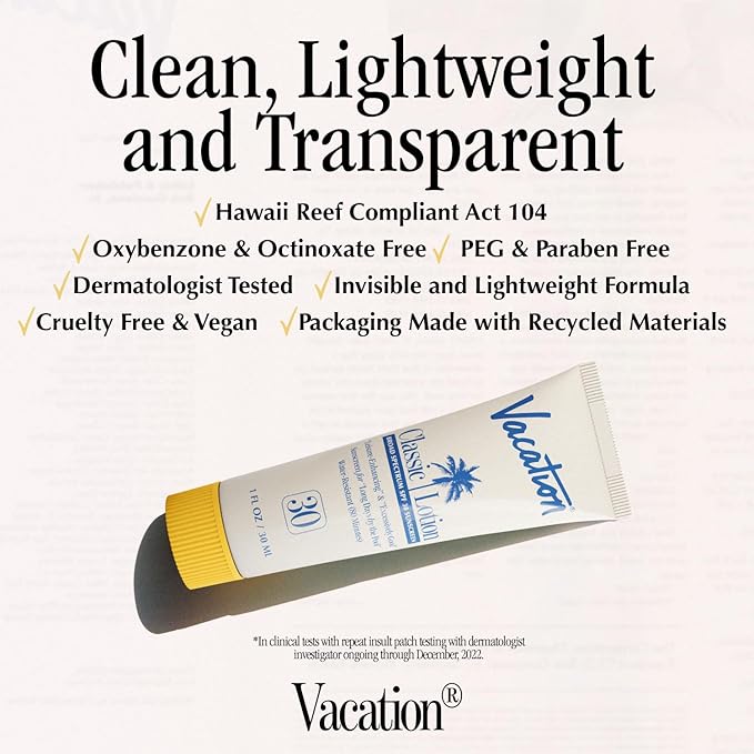 Vacation Mini Classic Sunscreen SPF 30, Water-Resistant, Bulk Suntan Lotion, Bachelorette Party Favors, Beach Must Haves, Traveling Essentials, Travel Size, 1 Fl. Oz. (Value Pack of 12)