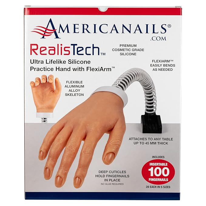 Americanails RealisTech Ultra Lifelike Silicone Practice Hand with FlexiArm for Acrylic Nails – Nail Tech Training Tool, Flexible Practice Hand, Mannequin Hand with Insertable Nails, Practice Nail Art