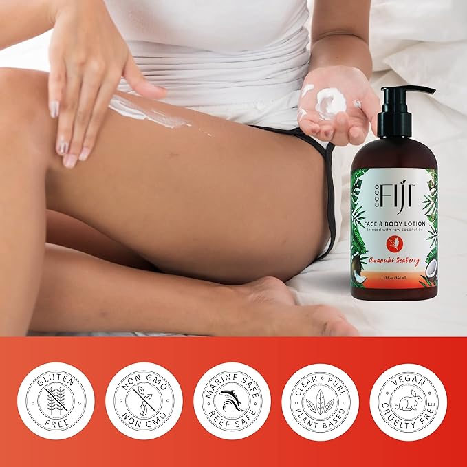 Coco Fiji Face & Body Lotion Infused With Coconut Oil | Lotion for Dry Skin | Moisturizer Face Cream & Massage Lotion for Women & Men | Awapuhi Seaberry 12 oz, Pack of 3