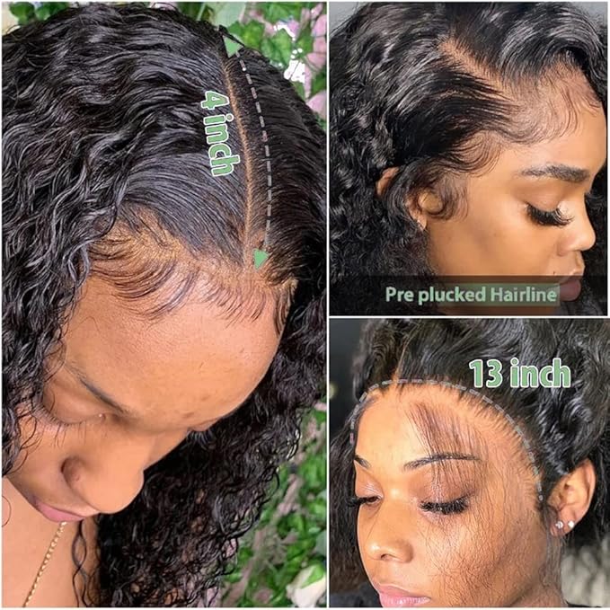 13x4 Deep Wave Lace Front Wigs Human Hair Pre Plucked 180% Density HD Deep Curly Lace Frontal Wigs Human Hair Glueless Curly Human Hair Wigs for Women Natural Black (13x4 Deep Wave Wig, 24 Inch)