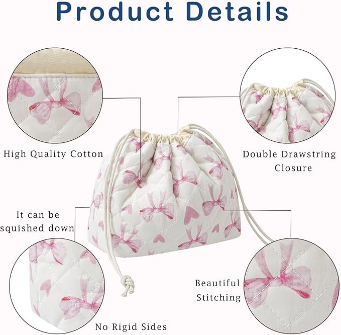 Cotton Quilted Drawstring Makeup Bag with Canvas Lining,Coquette Aesthetic Cute Travel Toiletry Bag,Drawstring Gift Bag for Women and Girls（14Heart Bow）