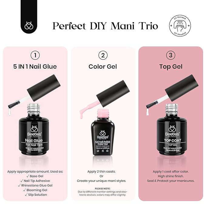 Beetles Gel Nail Kit - 600Pcs 15 Sizes Medium Almond Tips With Pink Color Gel Top Coat, Soft Clear Press-on, 5-in-1 Glue, UV Lamp - Easy Extension Set for Women