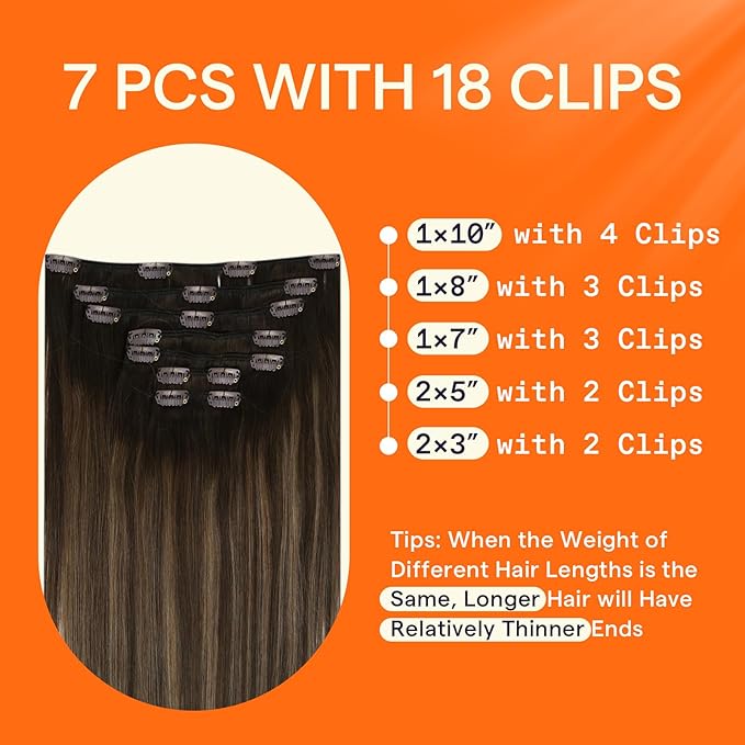 Full Shine Hair Extensions Clip in Human Hair 18 Inch Balayage Brown Ombre Clip in Hair Extensions Remy Human Hair Straight 7 Pcs 120 G