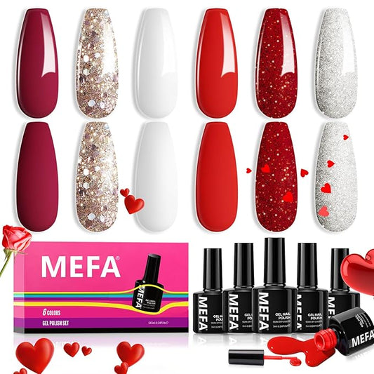 MEFA 6 Colors Red Gel Nail Polish Set, Glitter Shades Sparkle Silver Champagne Love Times Tones Salon Decorations Nail Art Design at Home Manicure DIY Kit Gifts for Women Girl