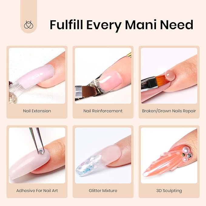 Beetles Poly Nail Extension Gel Kit, 7 Pcs Clear Jelly Glitter Golden Nude Brown Colors Poly Building Gel Enhancement Manicure Kit Top Base Coat Slip Solution Nail Art Soak Off UV Fall Nails