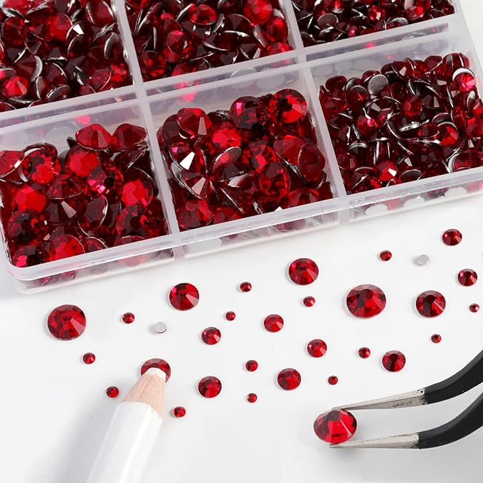 Beadsland 8300PCS Flatback Rhinestones, Red Rhinestone Nail Gems Round Crystal Rhinestones for Crafts, Mixed 10 Sizes with Wax Pencil and Tweezer Kit, SS3-SS30, Siam