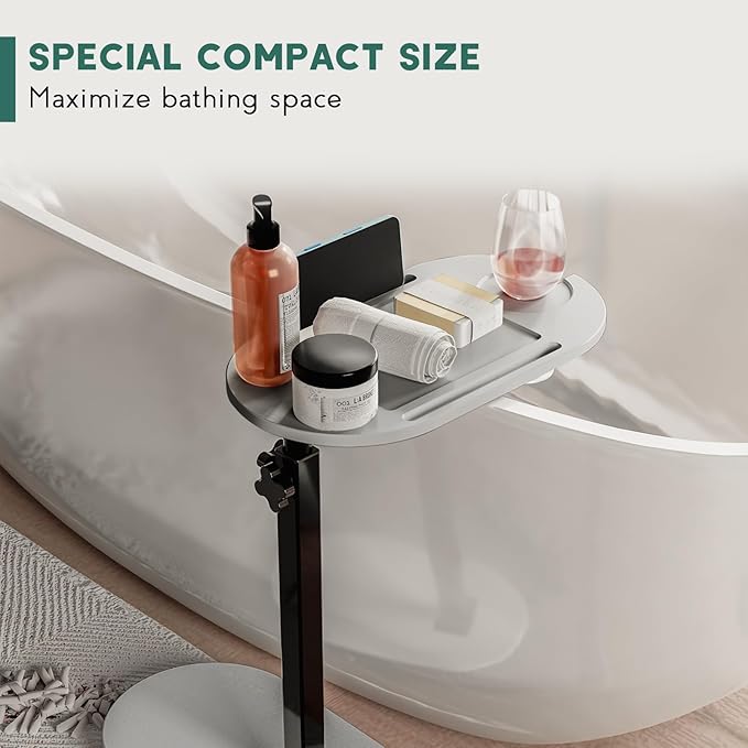 Bamboo Bathtub Tray Table with Adjustable Height, Freestanding Bathtub Caddy for Tub Against Wall, Tub Organizer Suitable for Luxury Spa and House Warming - Patent Protected (Gray)