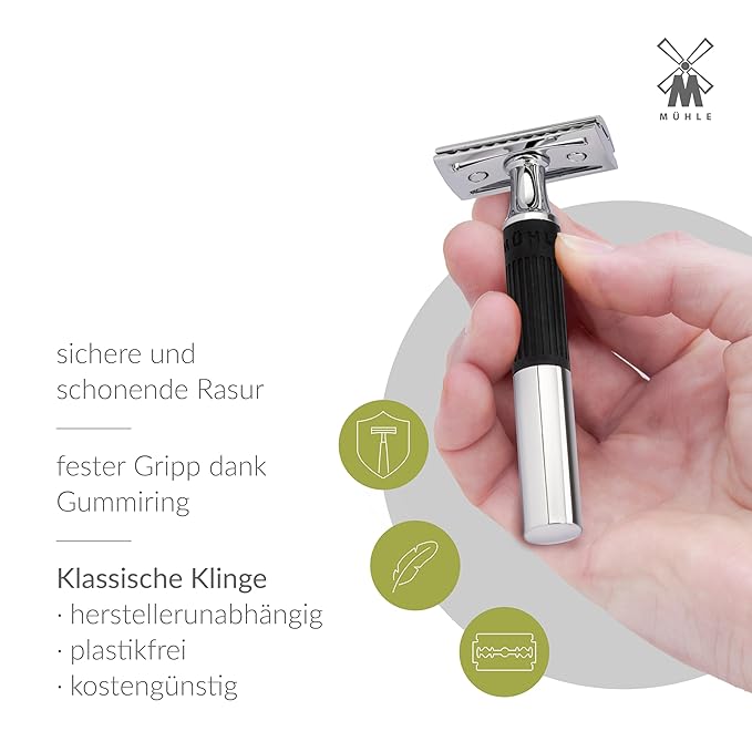 MÜHLE NEO safety razor|double edge safety razor for beginners and experienced shavers|sustainable eco-friendly and reusable|for men and women|chrome with black silicone grip handle