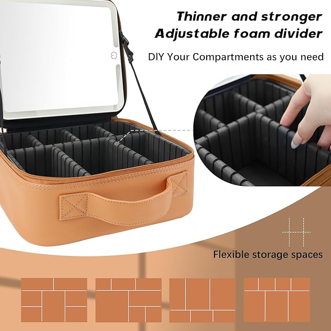 Travel Makeup Bag with LED Lighted Mirror,Cosmetics Organizer, Makeup Bag with 3 Color Lighted Setting, Portable Storage and Adjustable Dividers Travel Makeup Bag(CARAMEL COLOR)