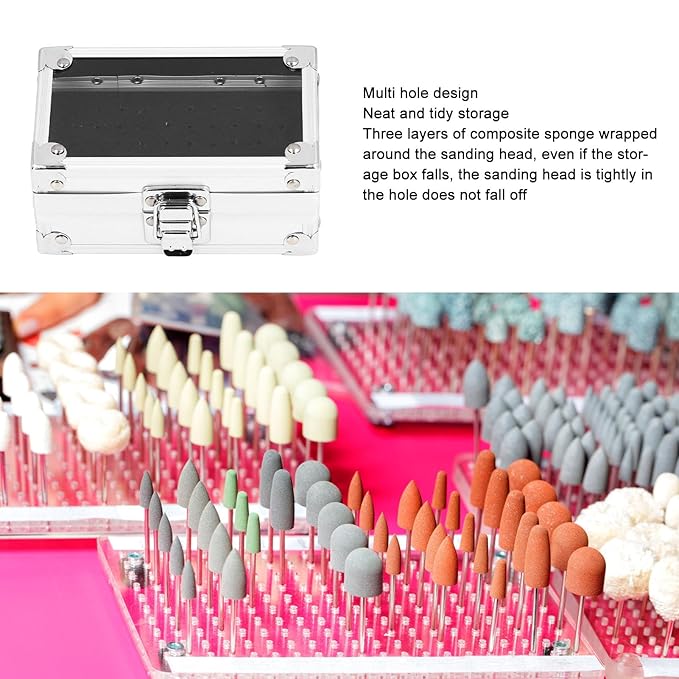 Nail Drill Bit Holder Storage Box, Multi Hole Nail Drill Bits Stand Displayer with Transparent Flip Cover, Nail Bits Organizers Container (Silver)