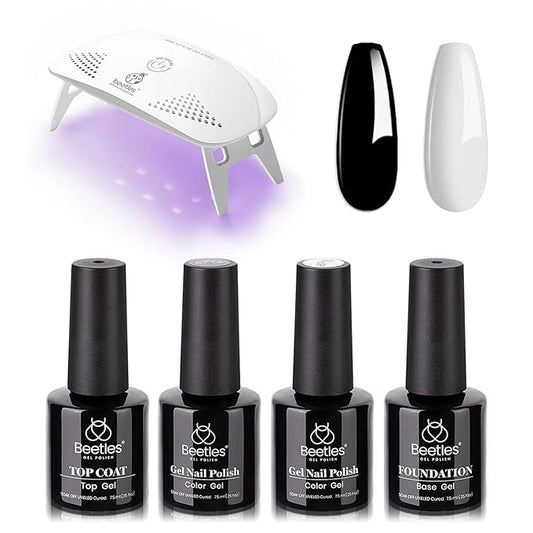Beetles U V Light for Nails Mini Nail Lamp Poly Nail Gel Curing Lamp, 4Pcs 7.5Ml Black White Colors with No Wipe Top Coat and Base Coat Gel Polish Set