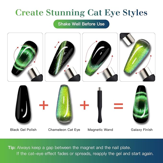 9D Cat Eye Gel Nail Polish Set, 15ml Black Gel + 15ml Emerald Glimmer Cat Eye Gel, Includes Silicone Handle Cylinder Magnetic Stick for Mesmerizing 9D Effects