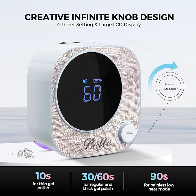 Belle Professional Electric Nail Drill Machine, Sparkly File for Acrylic Nails, UV LED Lamp, 54W Rechargeable Cordless Sparkling Dryer