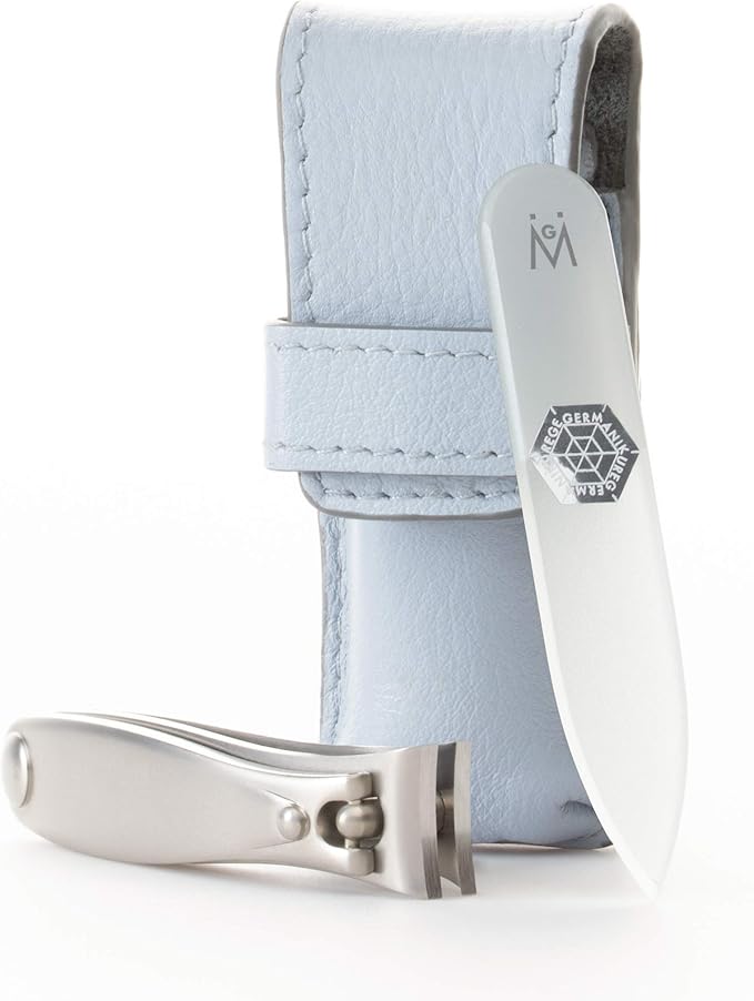 GERMANIKURE Nail Clipper and Glass Nail File Set in Light Blue Leather Case - Made in Solingen Germany of FINOX Stainless Steel, Glass Nail Care Supplies Made in Czech Republic
