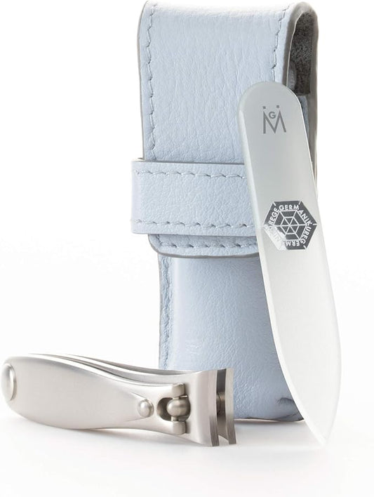 GERMANIKURE Nail Clipper and Glass Nail File Set in Light Blue Leather Case - Made in Solingen Germany of FINOX Stainless Steel, Glass Nail Care Supplies Made in Czech Republic
