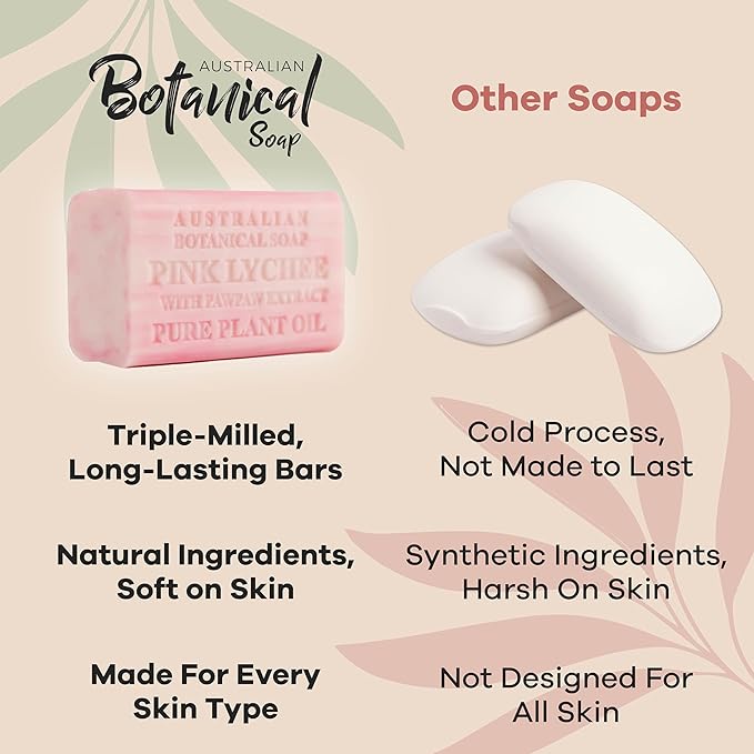 Australian Botanical Soap, 6.6 OZ, Pink Lychee and Pawpaw Extract, Triple Milled Bars made with a Natural Soap Base and Enriched with Organic Shea Butter, Pack of 8