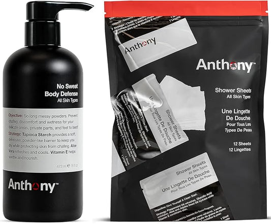 Anthony No Sweat Body Defense and Shower Sheets Bundle, Anti-Chafe Talc Free Cream To Powder Lotion, 16 Fl Oz, and Pack Of 12 Shower Sheets