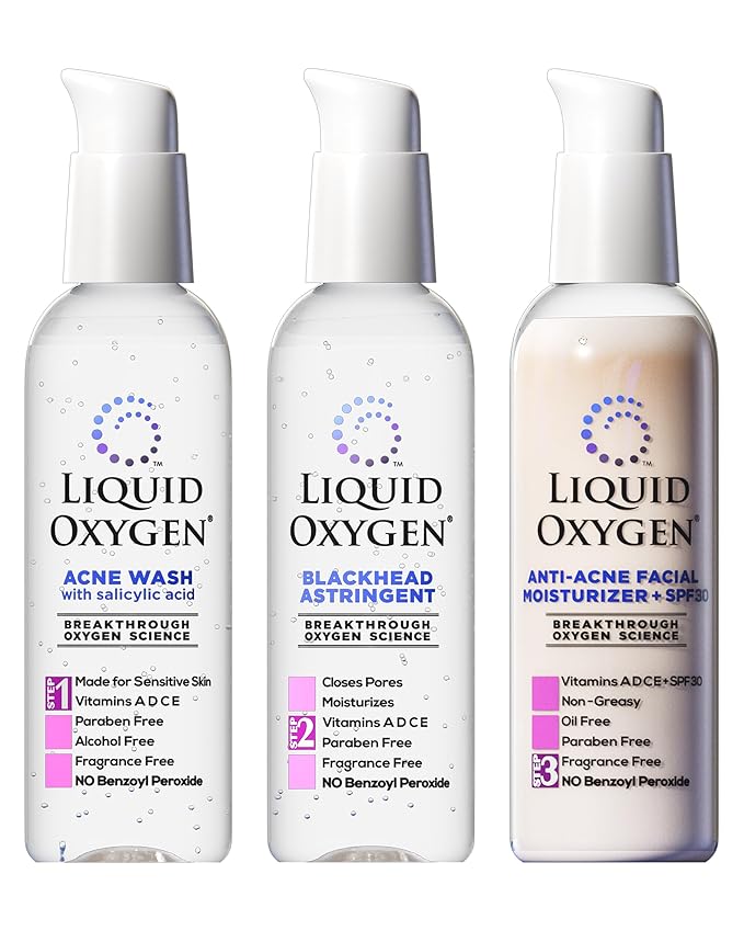 Liquid Oxygen Acne Treatment System for Acne-Prone Skin | Oxygen-Infused | Cleansing Wash, Blackhead Astringent & Hydrating Moisturizer | Blemish Control & Pimple Treatment | Dermatologist-Recommended