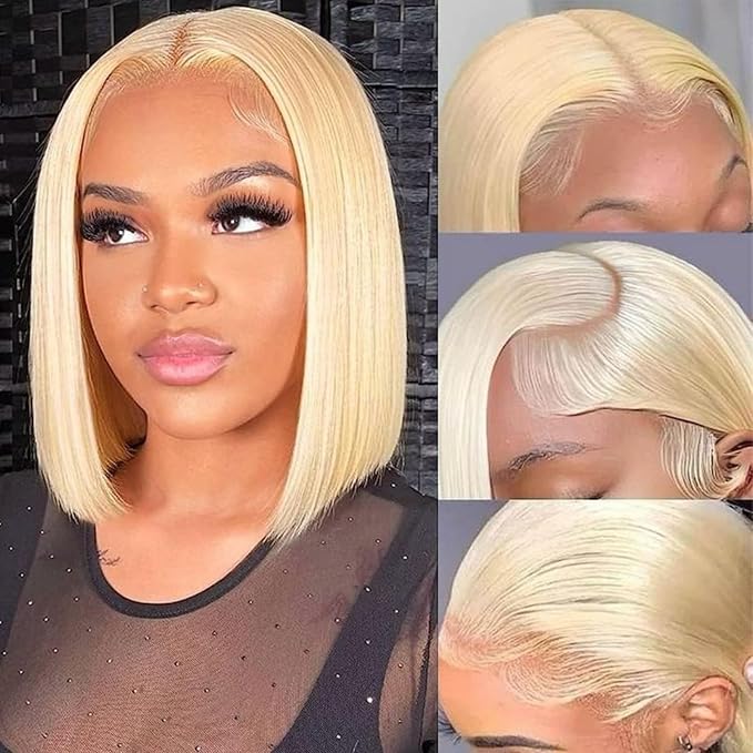 Blonde Bob Wig Human Hair 13X4 HD Transparent 613 Lace Front Wig Human Hair 180% Density 10 inch Lace Frontal Wigs Human Hair Pre Plucked with Baby Hair Glueless Short Straight 613 Bob Wigs for Women