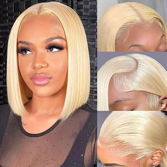Blonde Bob Wig Human Hair 13X4 HD Transparent 613 Lace Front Wig Human Hair 180% Density 10 inch Lace Frontal Wigs Human Hair Pre Plucked with Baby Hair Glueless Short Straight 613 Bob Wigs for Women