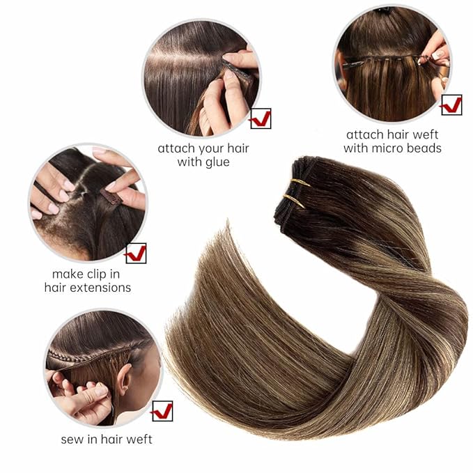 Sew in Hair Extensions Real Human Hair, Weft Hair Extensions Human Hair Bundles 16Inch 100G Ombre Brown Balayage Caramel Blonde Hair Extensions Real Human Hair Hand Tied Weft Weave Sew in Extensions