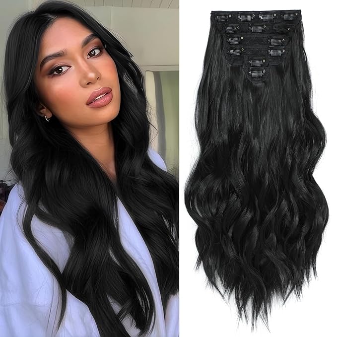 Clip in Hair Extensions for Women,Natural Black Extensions, 20 Inch 6PCS Hairpieces Long Wavy Soft Thick Hair Extensions clip ins