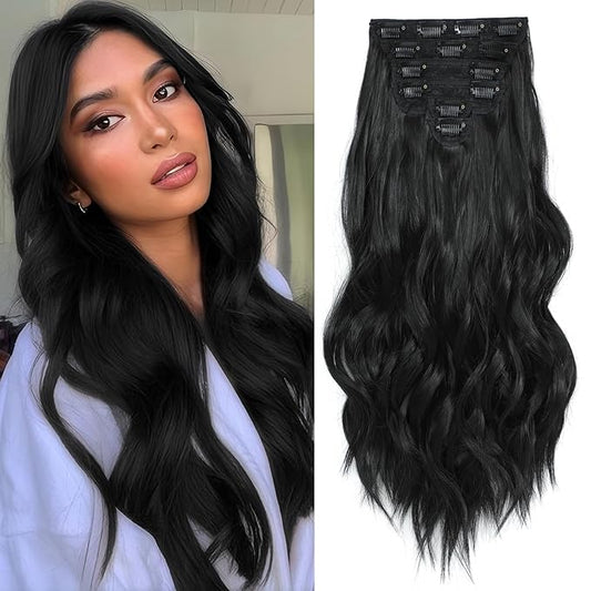 Clip in Hair Extensions for Women,Natural Black Extensions, 20 Inch 6PCS Hairpieces Long Wavy Soft Thick Hair Extensions clip ins