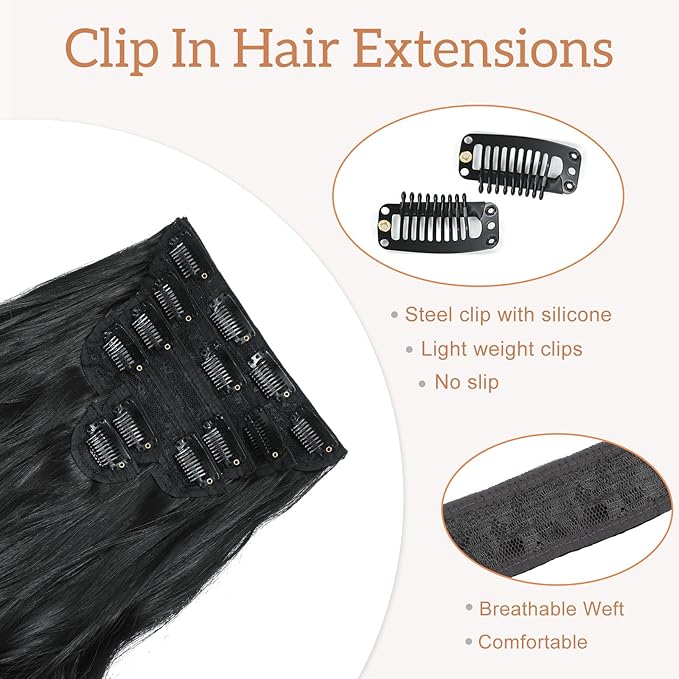 Clip in Hair Extensions for Women,Natural Black Extensions, 20 Inch 6PCS Hairpieces Long Wavy Soft Thick Hair Extensions clip ins
