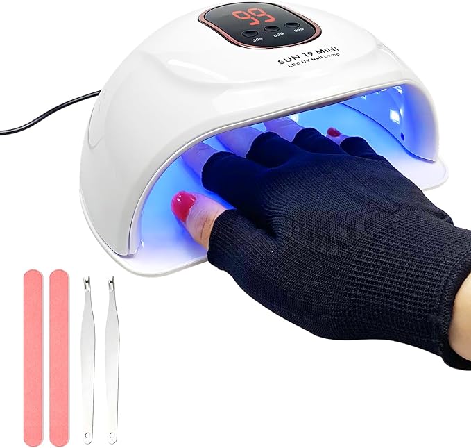 LED Nail Lamp with Gloves Nail Files Cuticle Trimmers, 3 Timers Auto Sensor Gel Polish Curing Dryer Light with Display Detachable Base