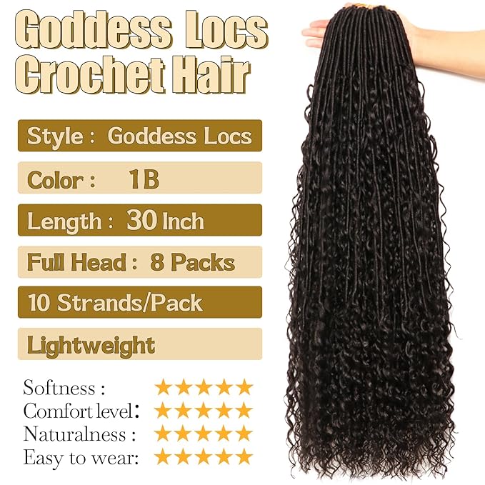 8 Packs Goddess Faux Locs Crochet Hair-30 Inch Boho Soft Locs Crochet Hair for Black Women (#1B, 30 Inch(Pack of 8))
