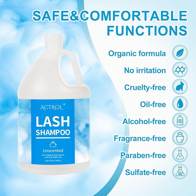 Eyelash Extension Cleanser Gallon Unscented 3.8L Natural Lash Extension Shampoo Professional Eyelid Foaming Cleanser Paraben & Sulfate Free Non-lrritating with Salon and Home Care