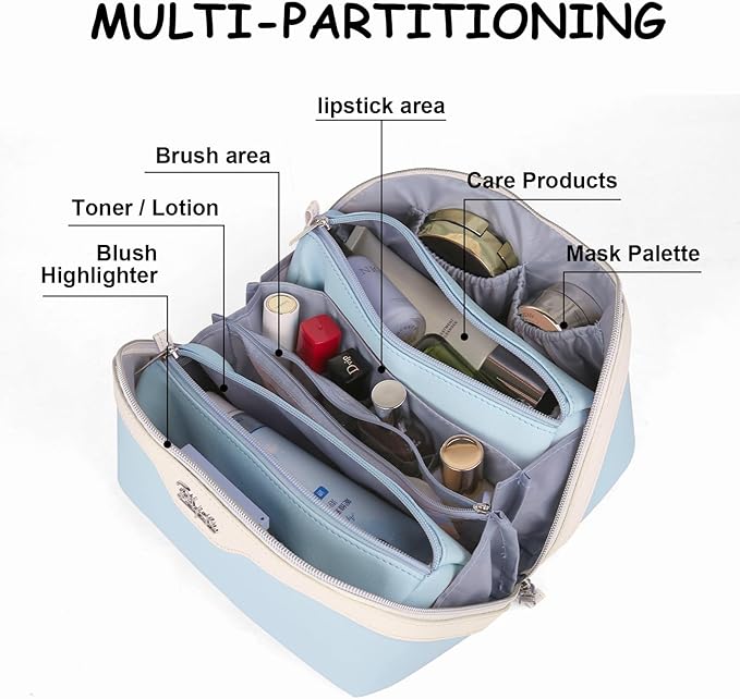 BOYATU Travel Makeup Bag Set: Portable Make up Bag for Traveling - Leather Cosmetic Bags for Women - Waterproof Toiletry Organizer Bags with Handle (D-05-Blue)