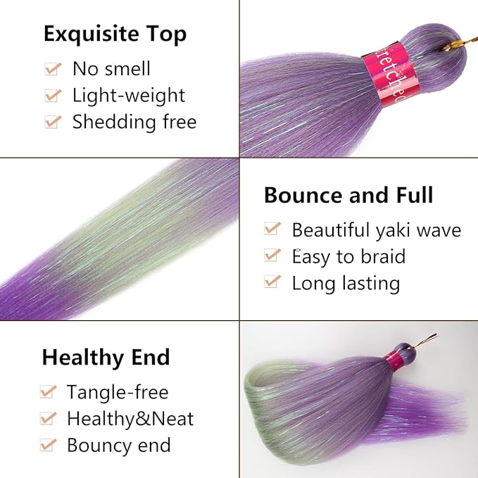 Upgraded Braiding Hair Extension Mix Tinsel, Pre Stretched Braiding Hair for Braiding Twist Braids Itch Free Hot Water Setting Yaki Straight Synthetic Hair