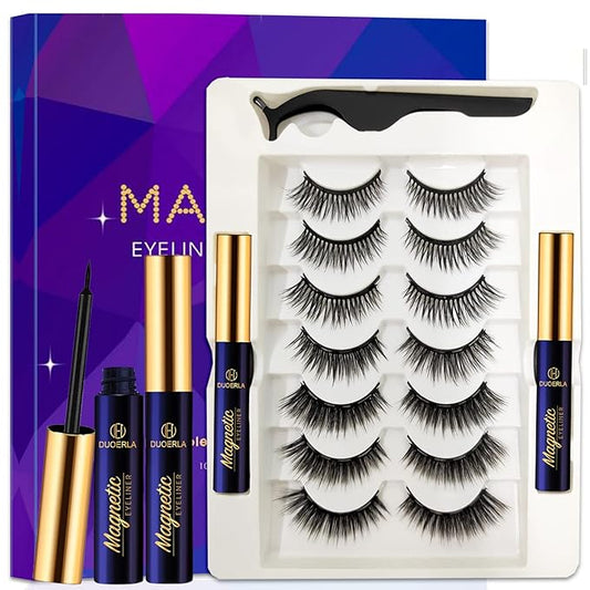 DUOERLA Magnetic Eyelashes - 7 Pairs 3D Medium Magnetic Lashes - 2 Tubes of Liner - Upgraded Natural Look, Long Lasting, Waterproof, Reusable Fake Eyelashes with Applicator - Easy to Apply