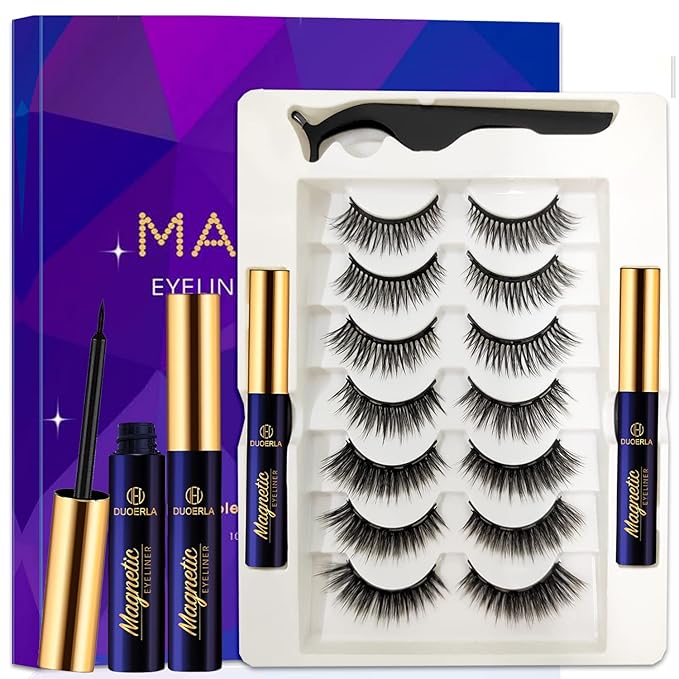 DUOERLA Magnetic Eyelashes - 7 Pairs 3D Medium Magnetic Lashes - 2 Tubes of Liner - Upgraded Natural Look, Long Lasting, Waterproof, Reusable Fake Eyelashes with Applicator - Easy to Apply