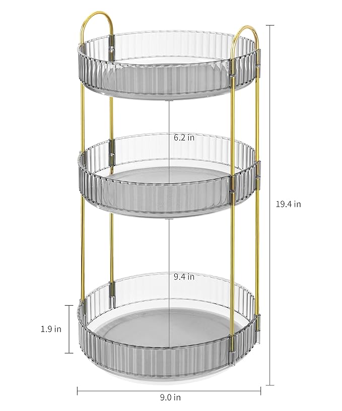 360 Rotating Makeup Organizer Countertop Clear Gray 3 Tier Bathroom Organizer Spinning Perfume Organizers, Skincare Organizers Makeup Carousel Cosmetic Brush Storage