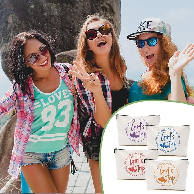 4Pcs Girls Trip Gifts Favors, 2025 Girls Weekend Gifts Makeup Bag, Bestie Gifts Weekend Bag Travel Gifts Vacation Cosmetic Bag, Friendship Gifts for Women Sister, Graduation Wedding Gifts Toiletry Bag