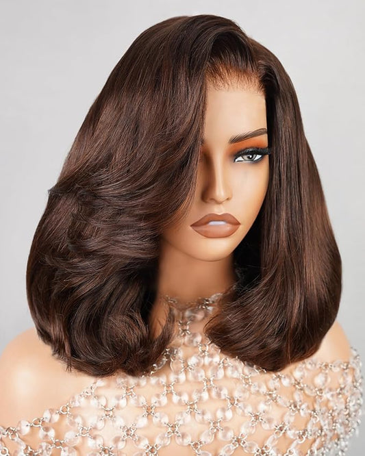 Arabella 5x6 Chocolate Brown Bob Wig Human Hair Ready to Go Glueless Wigs Human Hair 210% Density Pre-Cut Lace Wigs Pre Bleached Tiny Knots Body Wave Lace Front Wig (14inch, 5x6 4# Glueless Bob)