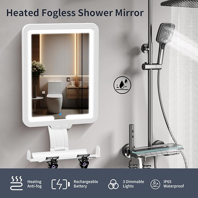 9.2 * 8inch Heated Shower Mirror Fogless for Shaving with Lights, 3 Color Dimmable Lighting Shower Mirror Anti-Fog Shower Shaving Mirror, Wall-Mounted Bathroom Accessories