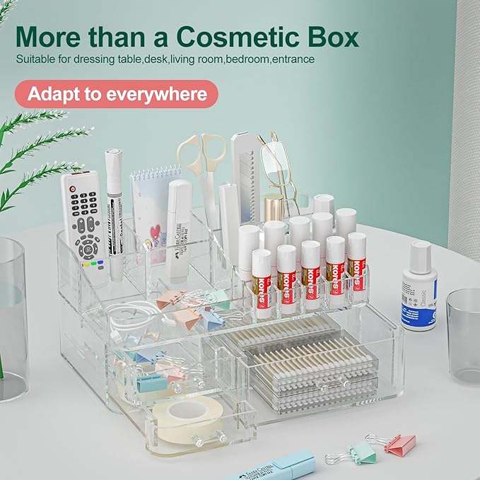 Clear Makeup Organizer for Vanity, Large Acrylic Bathroom Organizer Countertop with 3 Storage Drawers, Skin Care Organizer Storage Cosmetic,Nail Polish, Jewelry, Great for Stationery