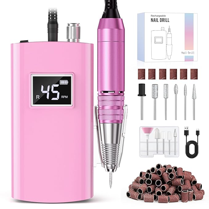 Beloving Portable Nail Drill Professional, 45000RPM Rechargeable Nail Drill Electric File Machine for Acrylic Gel Polish Remover, Cordless Nail Kit for Manicure Pedicure with 11 Bits for Salon Home