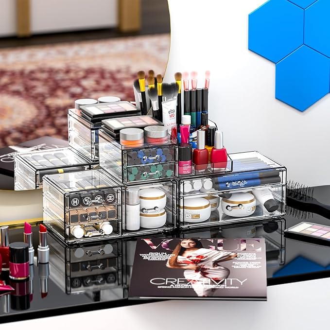 Cq acrylic Clear Makeup Organizer and Storage Stackable Skin Care Cosmetic Display Case with 8 Drawers Make up Stands For Jewelry Hair Accessories Beauty Skincare Product Organizing