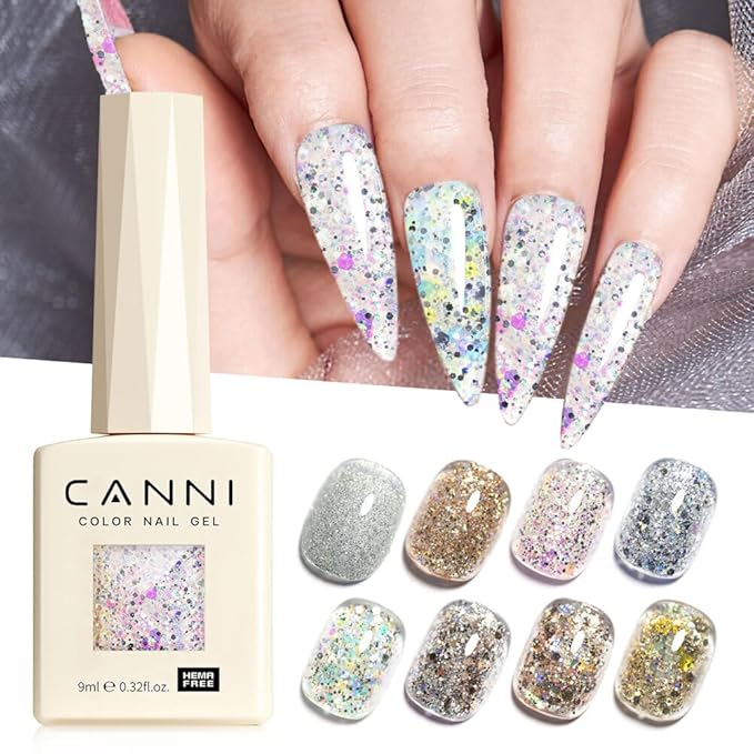 CANNI 8 Pcs 9 ML Glitter Gel Nail Polish Set, Shimmer Sparkly Shiny Gold Silver Blue Green Purple Colors Gel Polish Kit Soak Off Led Nail Art Manicure Salon DIY