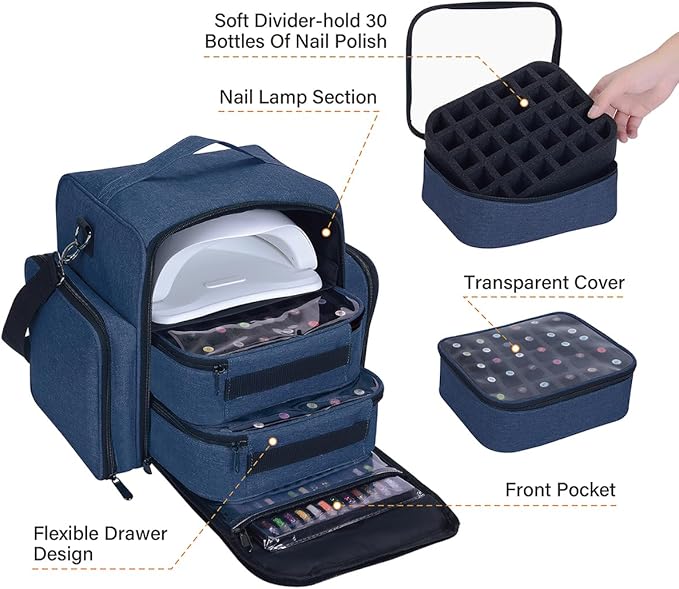 Nail Polish Organizer Case Holds 60 Bottles Portable Travel Storage Box with 2 Detachable Bags, Designed for Women's Nail Tools, Essential Oils and Cosmetics Sets Blue