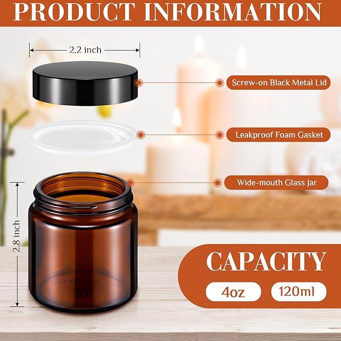 Norme 24 Pcs 4 oz Glass Jars with Lids Leakproof Round Airtight Empty Cosmetic Jars with Inner Liners Lid for Storing Lotions Powder Ointments Candle Making (Black,Amber and Clear)