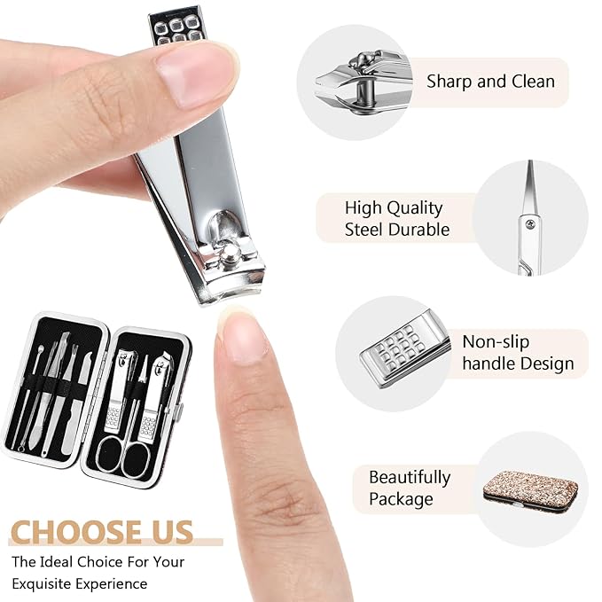 Lasnten 24 Set Manicure Set Bulk Nail Clippers Grooming Nail Kit Stainless Steel Professional Pedicure Kit Pedicure Tools with Travel Case Gifts for Men Women Personal(8 in 1,Shiny Gold)