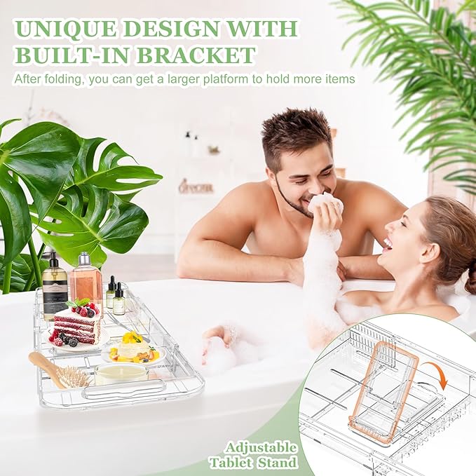 Expandable Drain Bath Caddy Tray for Tub, YOCOMEY Multifunctional Acrylic Bathtub Tray Bathroom Organizer, Simple Bathtub Table Trays Storage Rack for Candle Towel Book Wine Phone Shower(Clear)