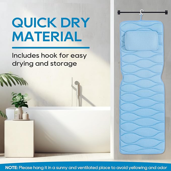 OMYSTYLE Full Body Bath Pillow, Bath Pillows for tub with Mesh Washing Bag & 21 Non-Slip Suction Cups, Spa Bathtub for Head Neck Shoulder and Back Support - 5D Air Mesh & Quick Drying | Blue
