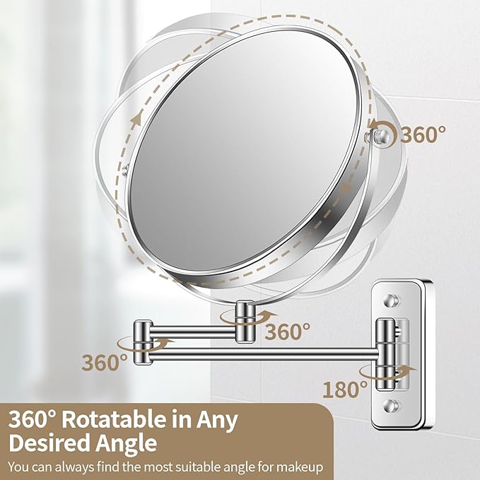 8” Wall Mounted Magnifying Makeup Mirror 1X/7X Wall Mount Mirror Swing Arm Two-Sided 360° Swivel Bathroom Shaving Mirror for Men and Women in Hotel/Home, Chrome