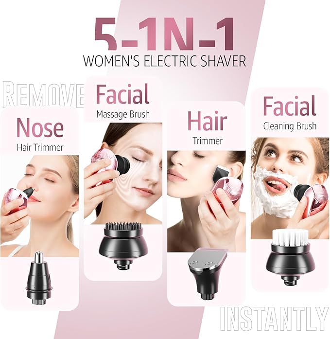Electric Razors for Women Legs: 5-in-1 Rechargeable Body Shaver - Waterproof Wet Dry Hair Remover - Trimmer for Lady Face Underarms Public
